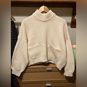 Babaa No. 23 Cotton Sweater Mock Neck Turtleneck Shaker Knit Pockets Ivory